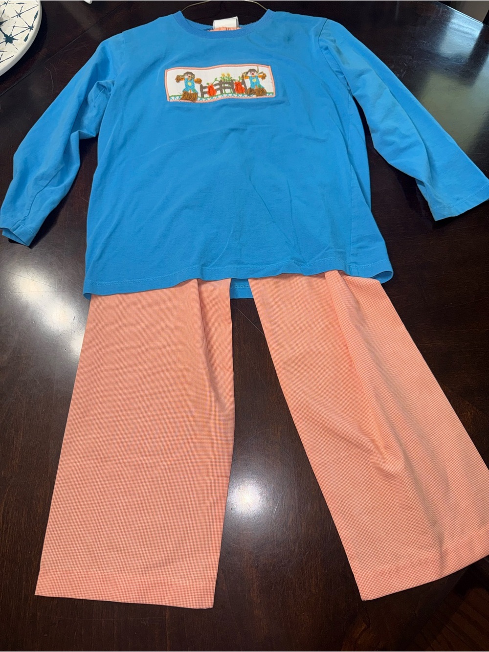 Blue Long-Sleeve Top and Peach Pants Kids Pajama Set